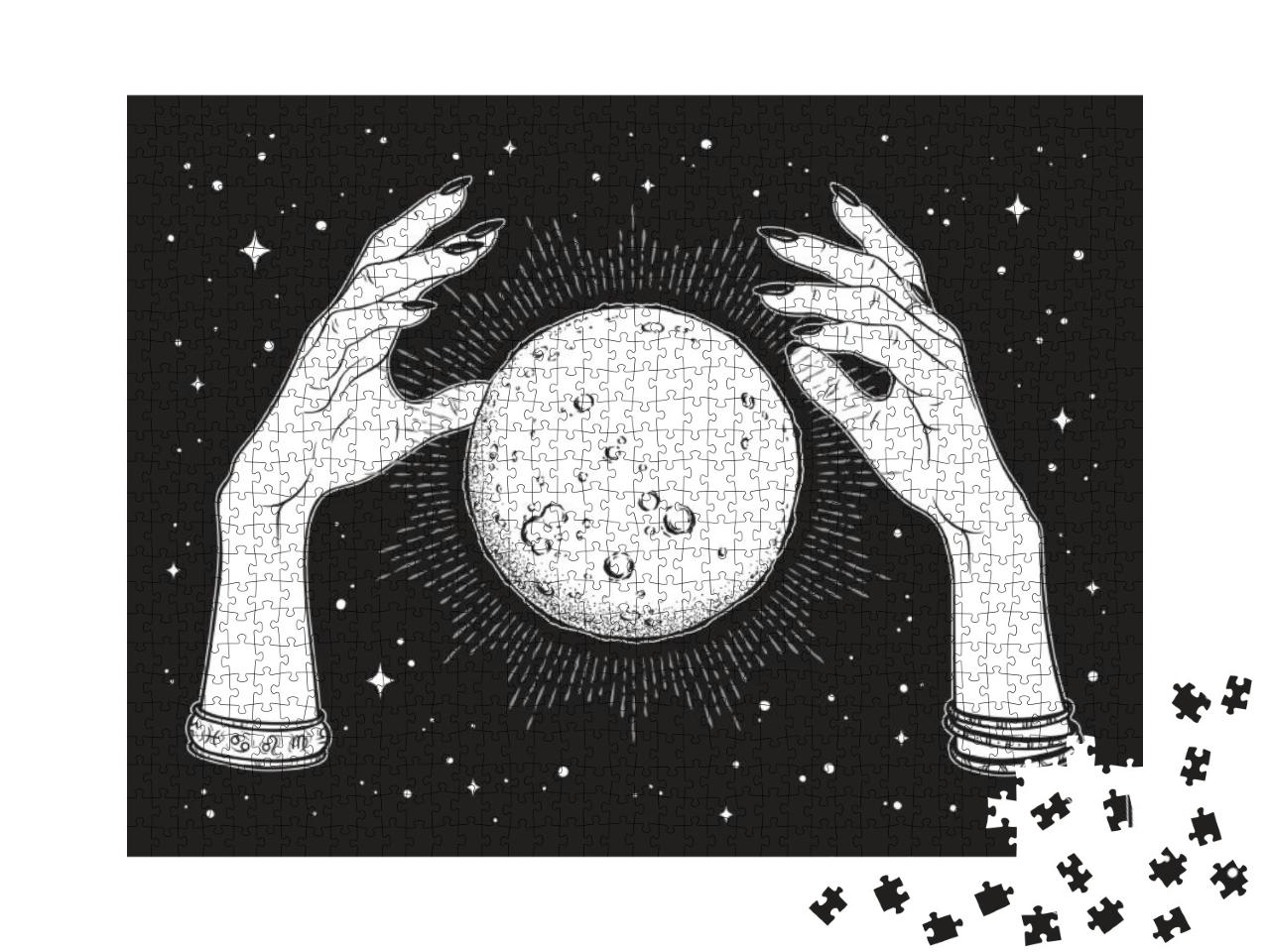 Hand Drawn Full Moon with Rays of Light in Hands O... Jigsaw Puzzle with 1000 pieces