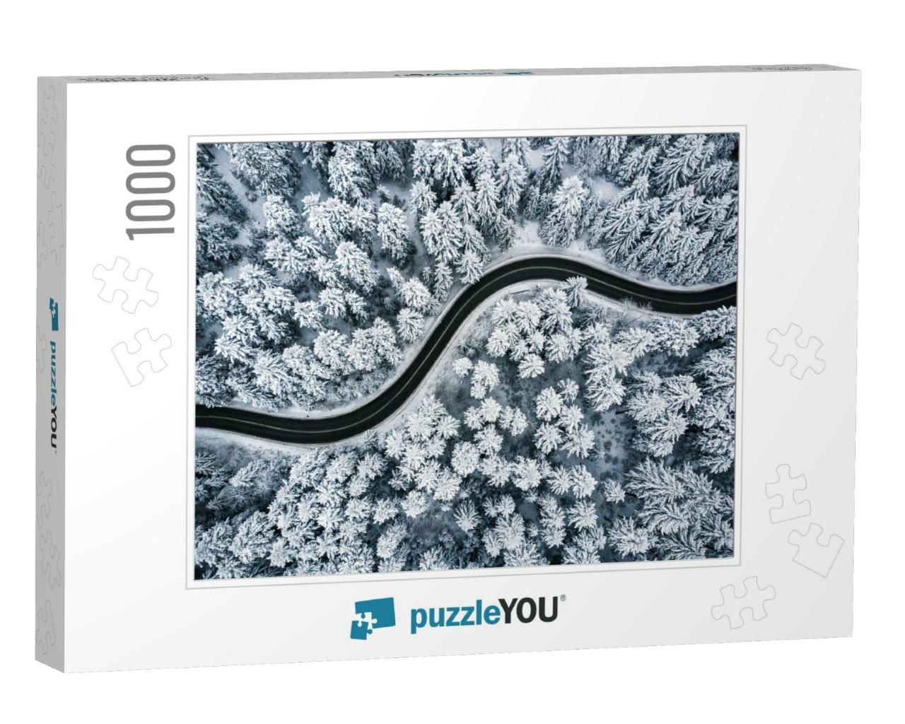 Curvy Windy Road in Snow Covered Forest, Top Down Aerial... Jigsaw Puzzle with 1000 pieces