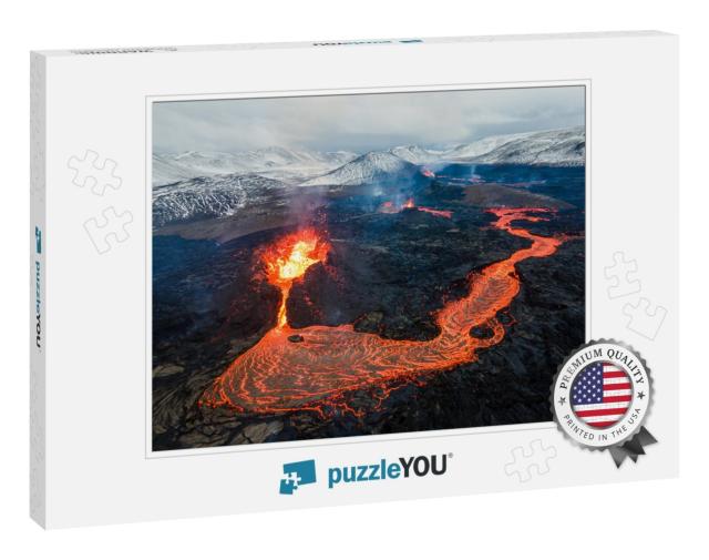 Lava Flows on Active Volcano Aerial View, Mount Fagradals... Jigsaw Puzzle