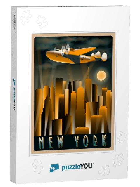 Airplane in the Sky Over New York At Night. Handmade Draw... Jigsaw Puzzle