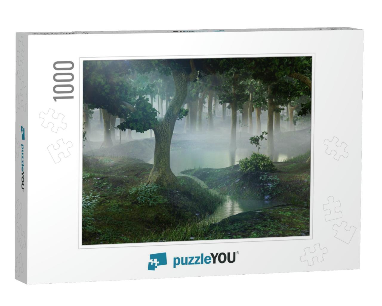 Foggy Fantasy Forest with Ponds, 3D Landscape Illustratio... Jigsaw Puzzle with 1000 pieces
