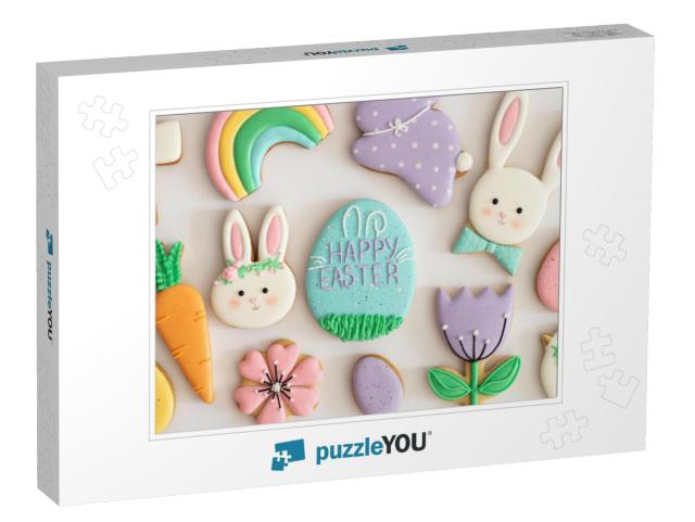 Happy Easter. Multicolored Pastel Easter Cookies on a Whi... Jigsaw Puzzle