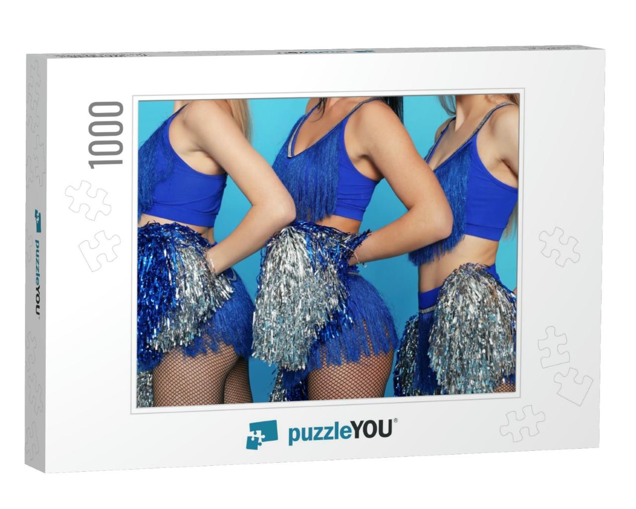 Group of Cheerleaders on Light Blue Background, Closeup... Jigsaw Puzzle with 1000 pieces