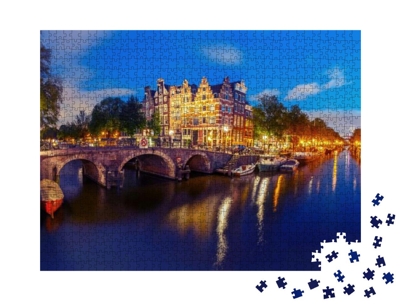 Amsterdam Canal, Bridge & Typical Houses, Boats & Bicycle... Jigsaw Puzzle with 1000 pieces