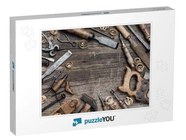 Old Used Woodworking Tools on a Vintage Workbench Composi... Jigsaw Puzzle