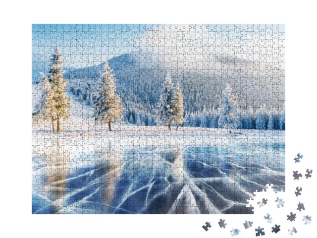 Cracks on the Surface of the Blue Ice. Frozen Lake in Win... Jigsaw Puzzle with 1000 pieces