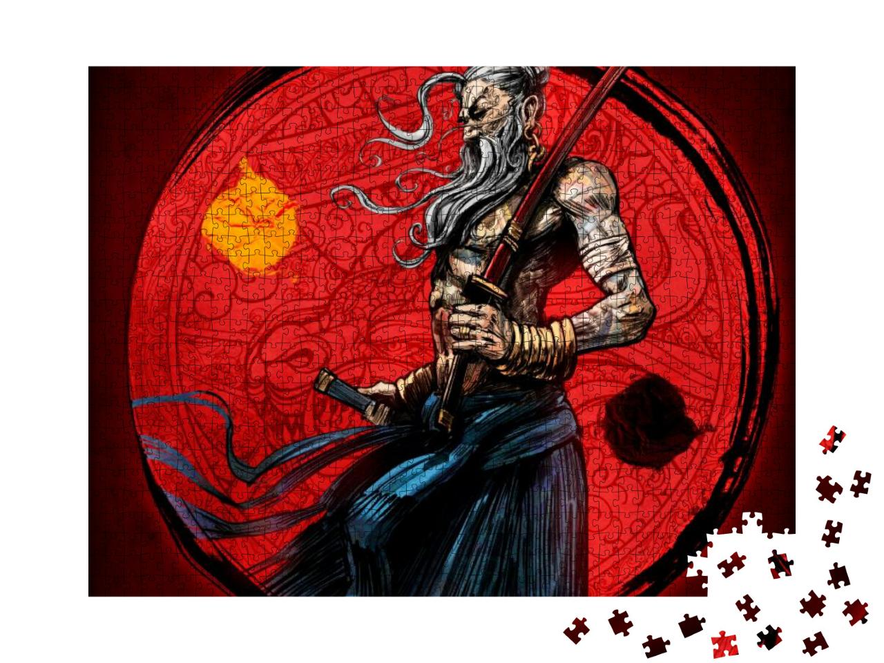 An Old Samurai Grandfather with a Katana Proudly Stands i... Jigsaw Puzzle with 1000 pieces