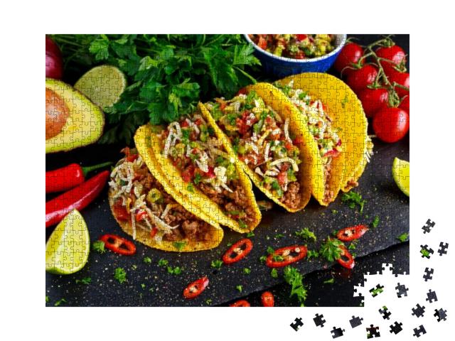 Mexican Food - Delicious Taco Shells with Ground Beef & H... Jigsaw Puzzle with 1000 pieces