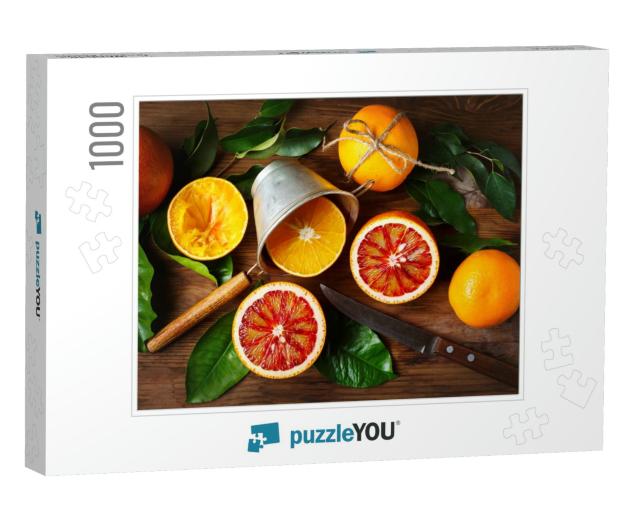 Still Life with Orange Fruit & Green Leaves on Wooden Tab... Jigsaw Puzzle with 1000 pieces