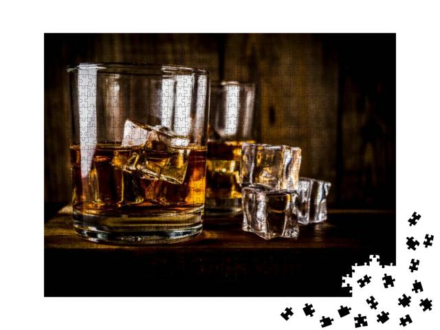 Two Whiskey Shot Glasses on Dark Wooden Background, with... Jigsaw Puzzle with 1000 pieces