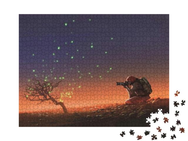 Travel Man Taking a Photo At the Tree with Glowing Leaves... Jigsaw Puzzle with 1000 pieces