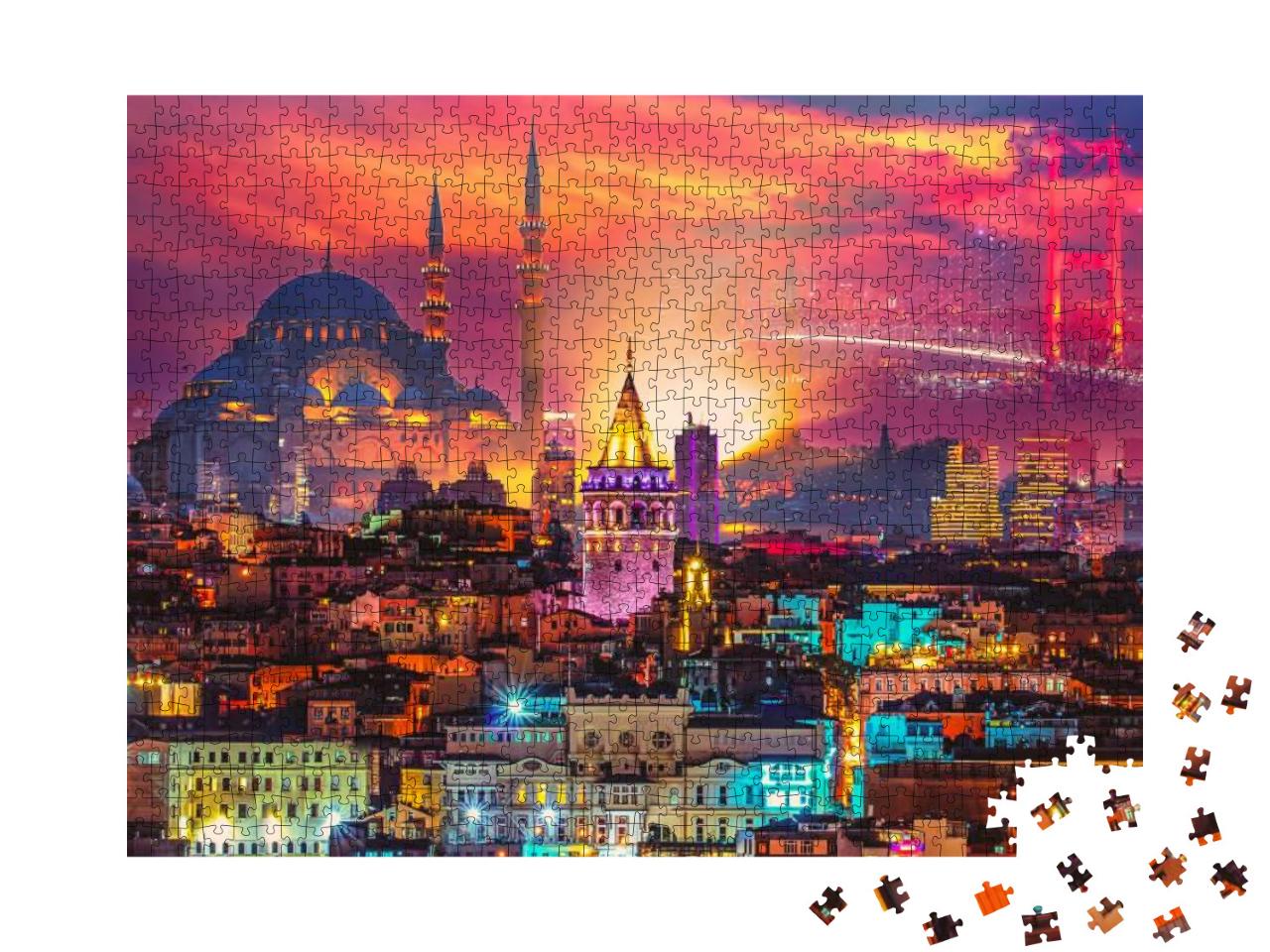 Skyline of Istanbul. Galata Tower, Suleymaniye Mosque Ott... Jigsaw Puzzle with 1000 pieces