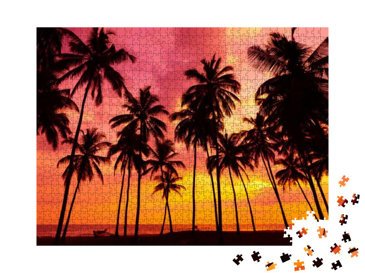 Palm Trees Silhouettes on Tropical Beach At Vivid Sunset... Jigsaw Puzzle with 1000 pieces