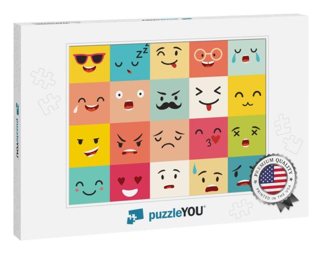 Emoticons Vector Pattern. Emoji Square Icons. Cute Emoji... Jigsaw Puzzle