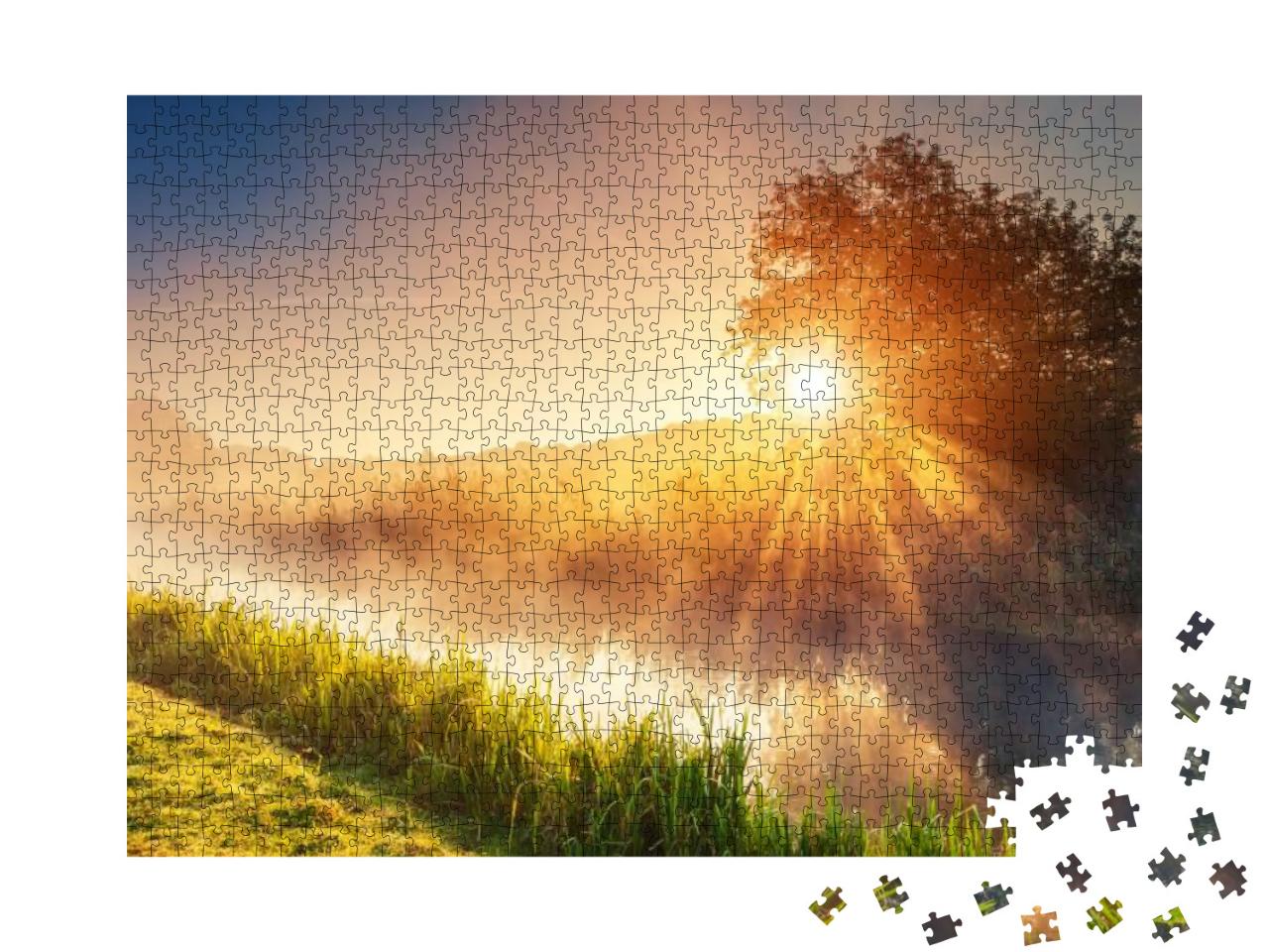 Fantastic Foggy River with Fresh Green Grass in the Sunli... Jigsaw Puzzle with 1000 pieces