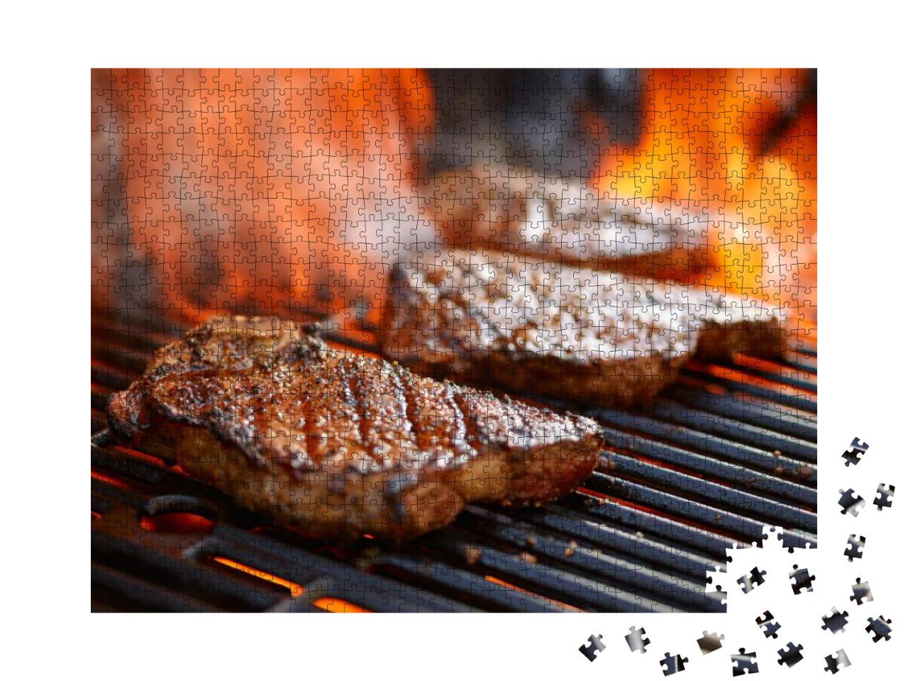 grilling steaks on flaming grill and shot with sel Jigsaw Puzzle with 1000 pieces