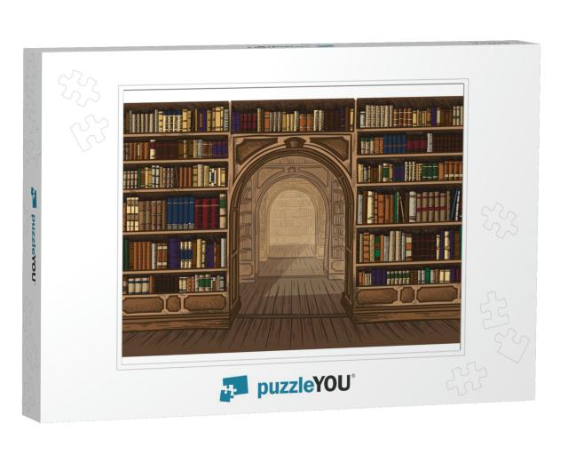 Library Book Shelf Interior Graphic Sketch Colorful Illus... Jigsaw Puzzle