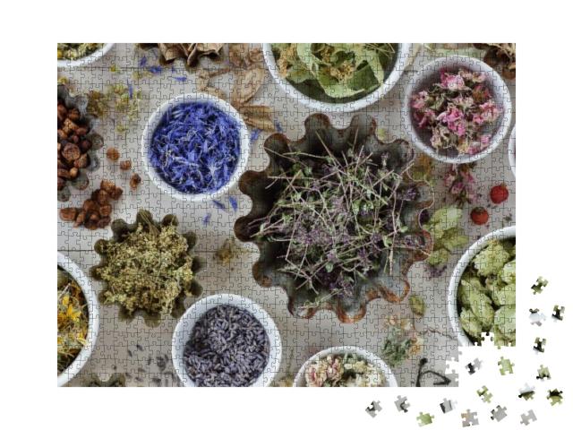 Assortment of Dried Herbs Blossom, Root & Seed, Flat on t... Jigsaw Puzzle with 1000 pieces