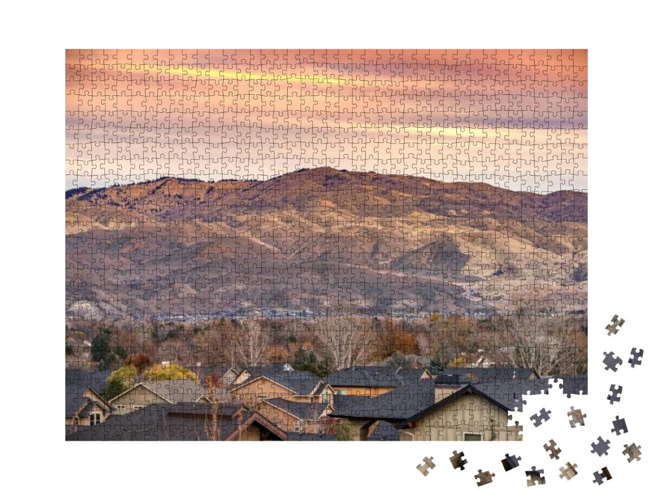 Rooftops of Boise Idaho with Rocky Mountains & Orange & R... Jigsaw Puzzle with 1000 pieces