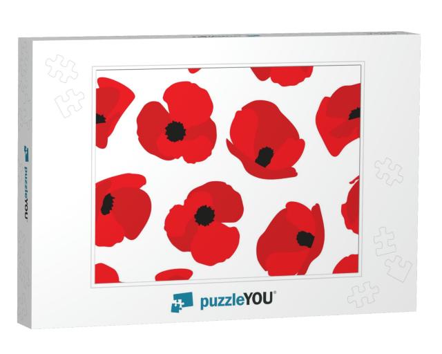Poppy Flower Seamless Pattern. Red Poppies on White Backg... Jigsaw Puzzle