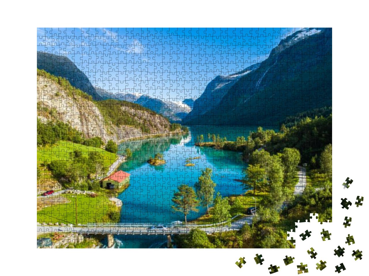 Aerial Summer View of Bridge & Boathouse on Bank of Green... Jigsaw Puzzle with 1000 pieces