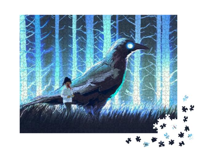 Little Girl with Her Big Crow Standing in Blue Forest wit... Jigsaw Puzzle with 1000 pieces