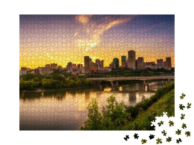 Sunset Above Edmonton Downtown, James Macdonald Bridge &... Jigsaw Puzzle with 1000 pieces