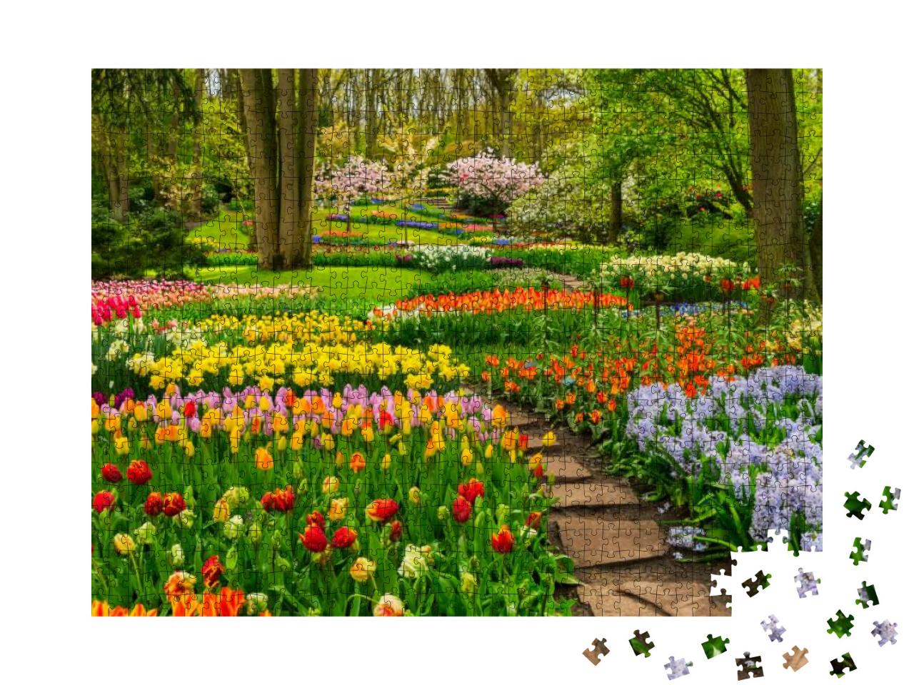 Colorful Tulips Flowerbeds & Stone Path in an Spring Form... Jigsaw Puzzle with 1000 pieces