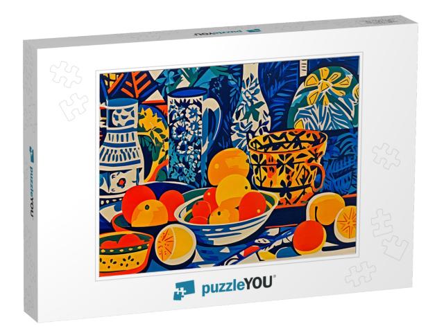 Colorful Fruits and Ceramics in Abstract Form Create a Beautiful Still Life Jigsaw Puzzle