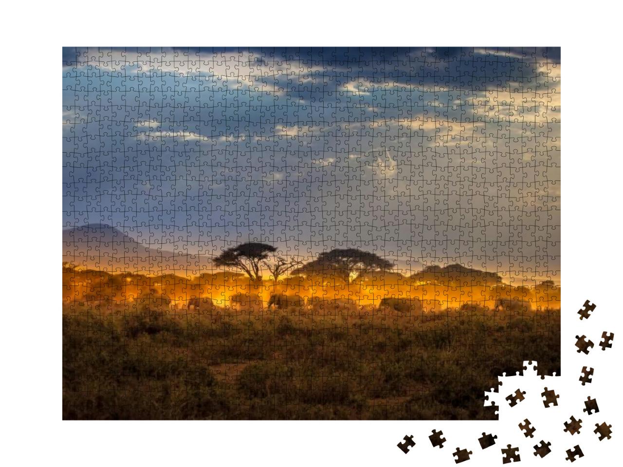 Migration of Elephants. Herd of Elephants. Evening in the... Jigsaw Puzzle with 1000 pieces