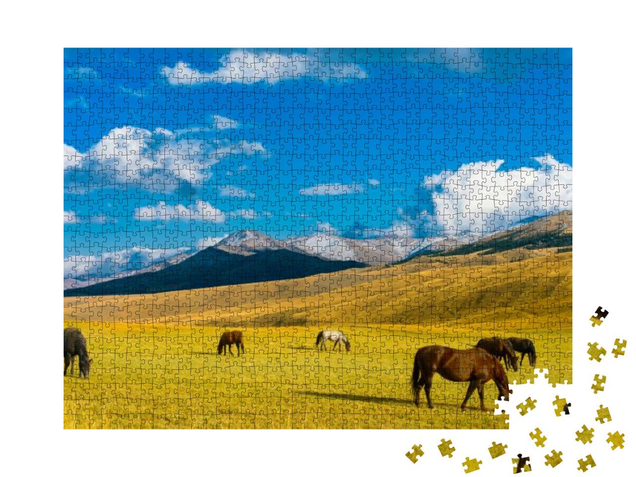 Lonely Horses in Kazakhstan Steppe, Near Almaty City... Jigsaw Puzzle with 1000 pieces