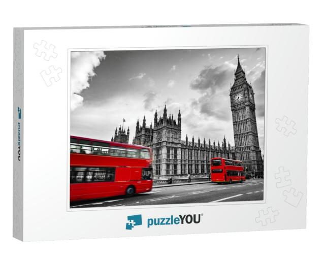 London, the Uk. Red Buses in Motion & Big Ben, the Palace... Jigsaw Puzzle