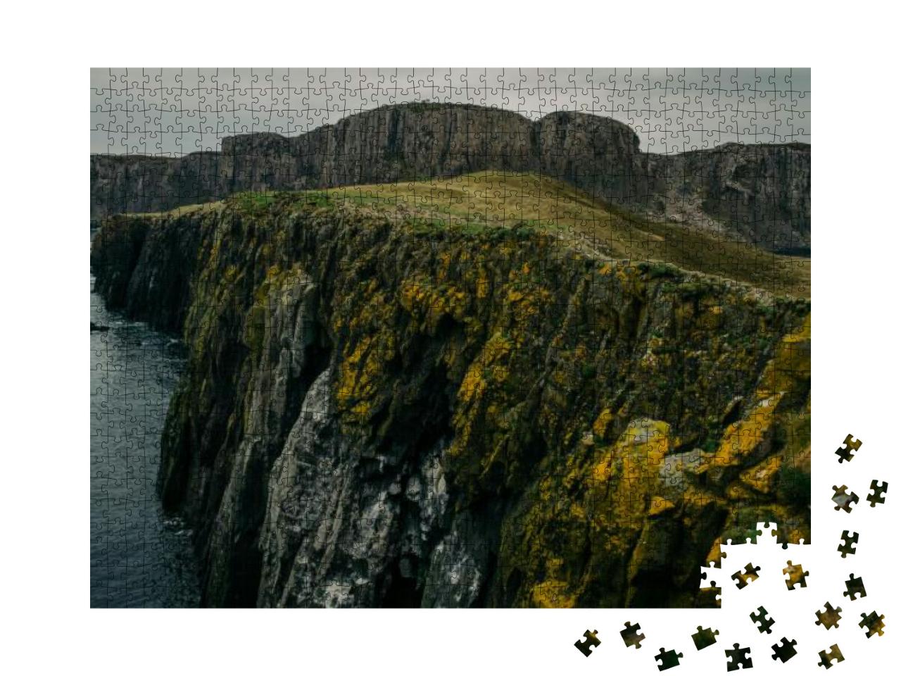 Large Cliffs by the Sea with Green & Orange Moss in the H... Jigsaw Puzzle with 1000 pieces