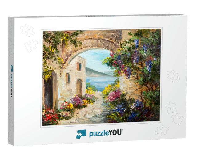 Oil Painting - House Near the Sea, Colorful Flowers, Summ... Jigsaw Puzzle