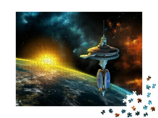 Space Station Over a Gorgeous Space Panorama. Digital Ill... Jigsaw Puzzle with 1000 pieces