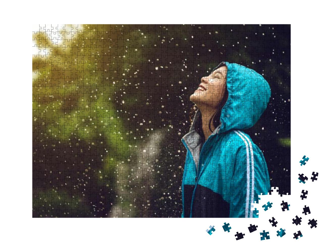 Asian Woman Wearing a Raincoat Outdoors. She is Happy... Jigsaw Puzzle with 1000 pieces