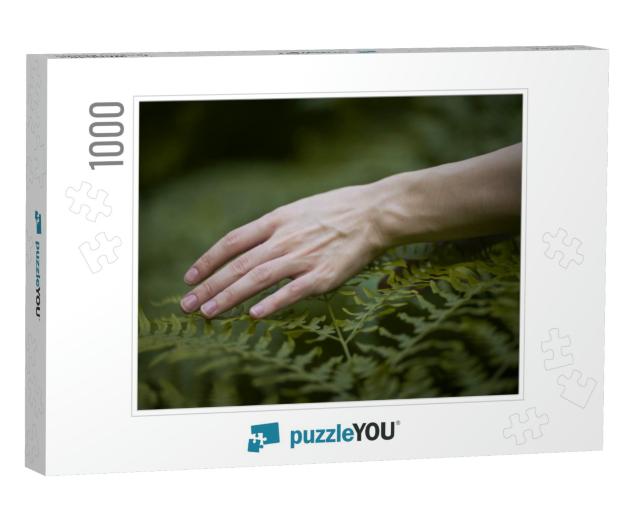 A Thin Female Hand Touches the Carved Fern Leaves... Jigsaw Puzzle with 1000 pieces