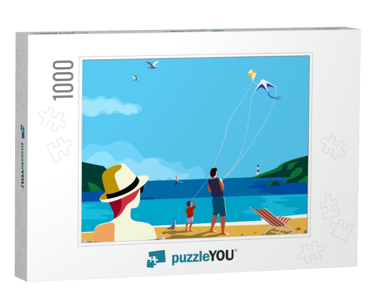 Kiting on Sea Beach. Family Leisure Activity on Sand Seas... Jigsaw Puzzle with 1000 pieces