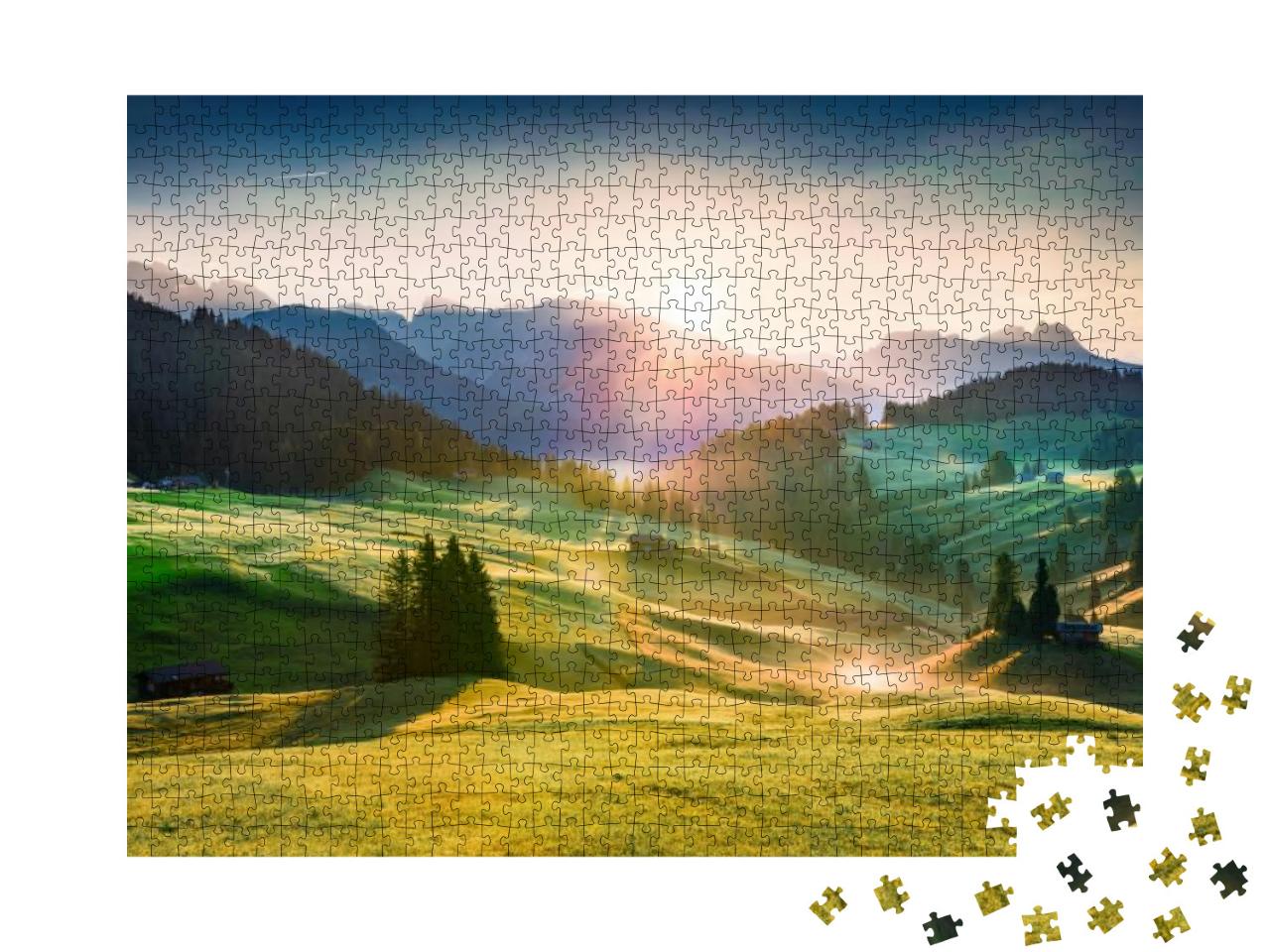 Attractive Morning Scene of Compaccio Village, Seiser Alm... Jigsaw Puzzle with 1000 pieces