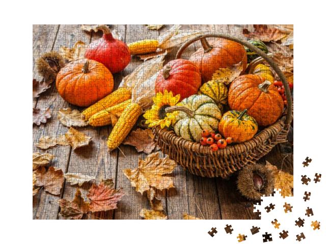 Autumn Still Life with Pumpkins, Corncobs & Leaves on Woo... Jigsaw Puzzle with 1000 pieces