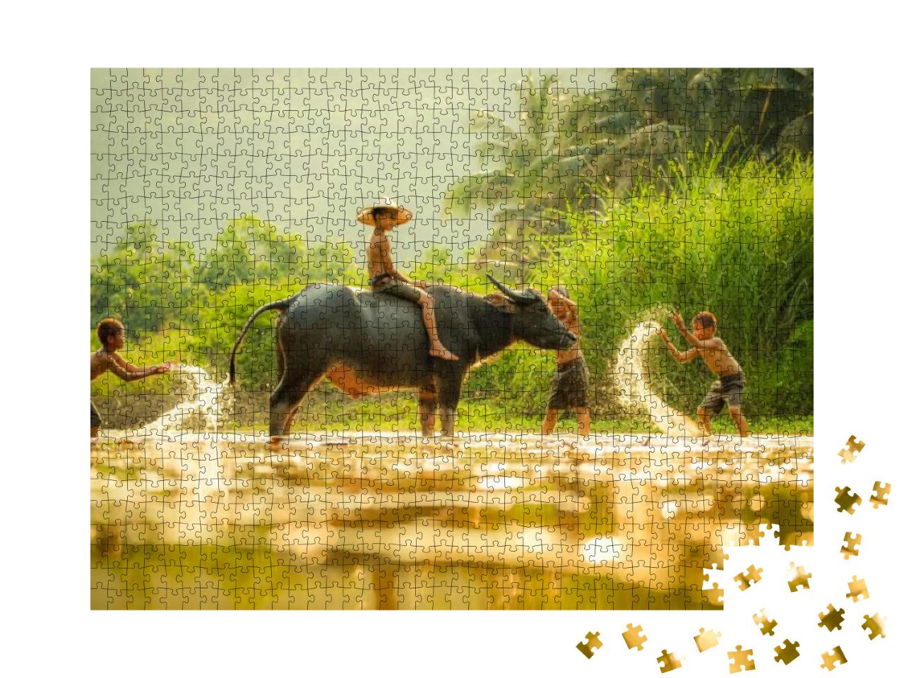 Asia Children on River Buffalo / the Boys Friend Happy Fu... Jigsaw Puzzle with 1000 pieces