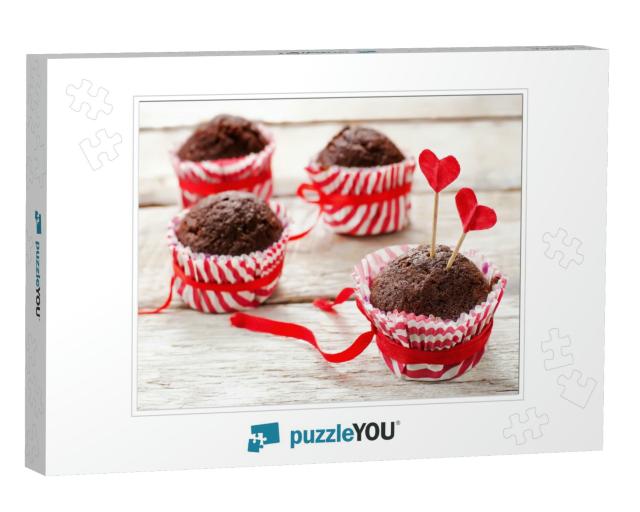 Chocolate Muffins on White Wood Background for Valentines... Jigsaw Puzzle