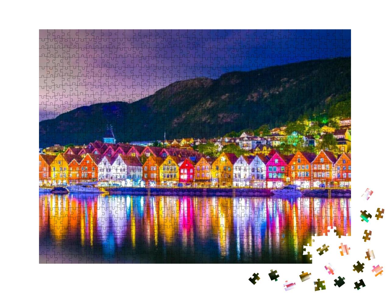 Night View of a Historical Wooden District Bryggen in the... Jigsaw Puzzle with 1000 pieces
