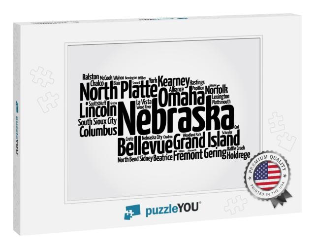 List of Cities in Nebraska USA State, Map Silhouette Word... Jigsaw Puzzle