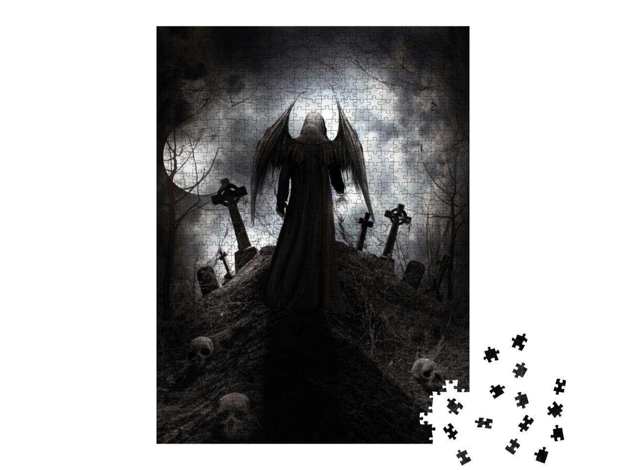 Gothic Scenery with Angel, Skulls & Tombstones. 3D Illust... Jigsaw Puzzle with 1000 pieces