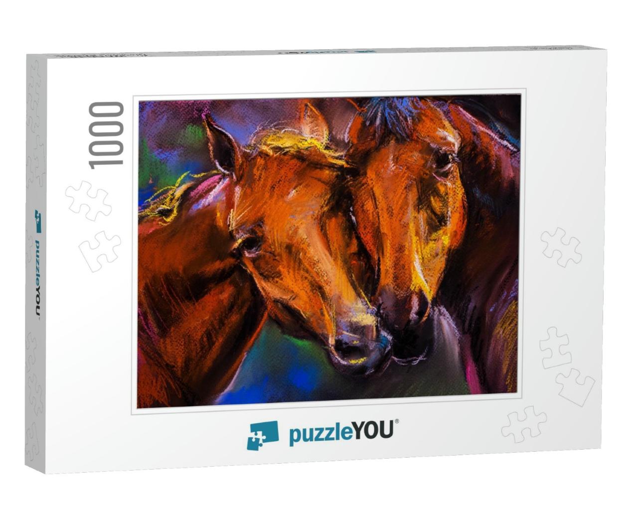 Pastel Portrait of a Couple Horses on a Cardboard. Modern... Jigsaw Puzzle with 1000 pieces