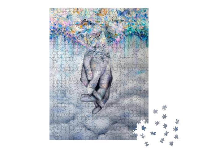 Original Oil Painting. Drawn Clenched Hands, Male & Femal... Jigsaw Puzzle with 1000 pieces