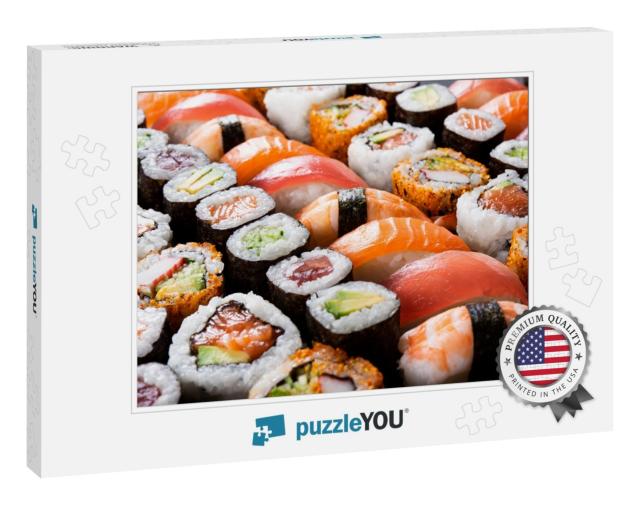 Overhead Japanese Sushi Food. Maki Ands Rolls with Tuna... Jigsaw Puzzle