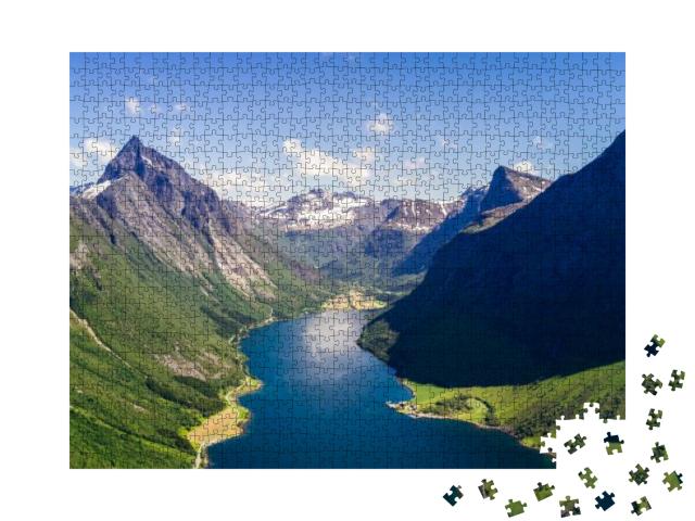 Aerial View on Geiranger Town, Harbor & Fjord in More Og... Jigsaw Puzzle with 1000 pieces