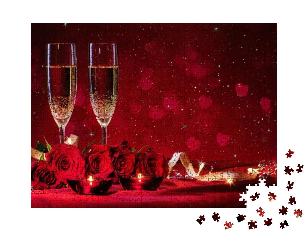 Valentines Day Background with Champagne Glasses & Red Ro... Jigsaw Puzzle with 1000 pieces